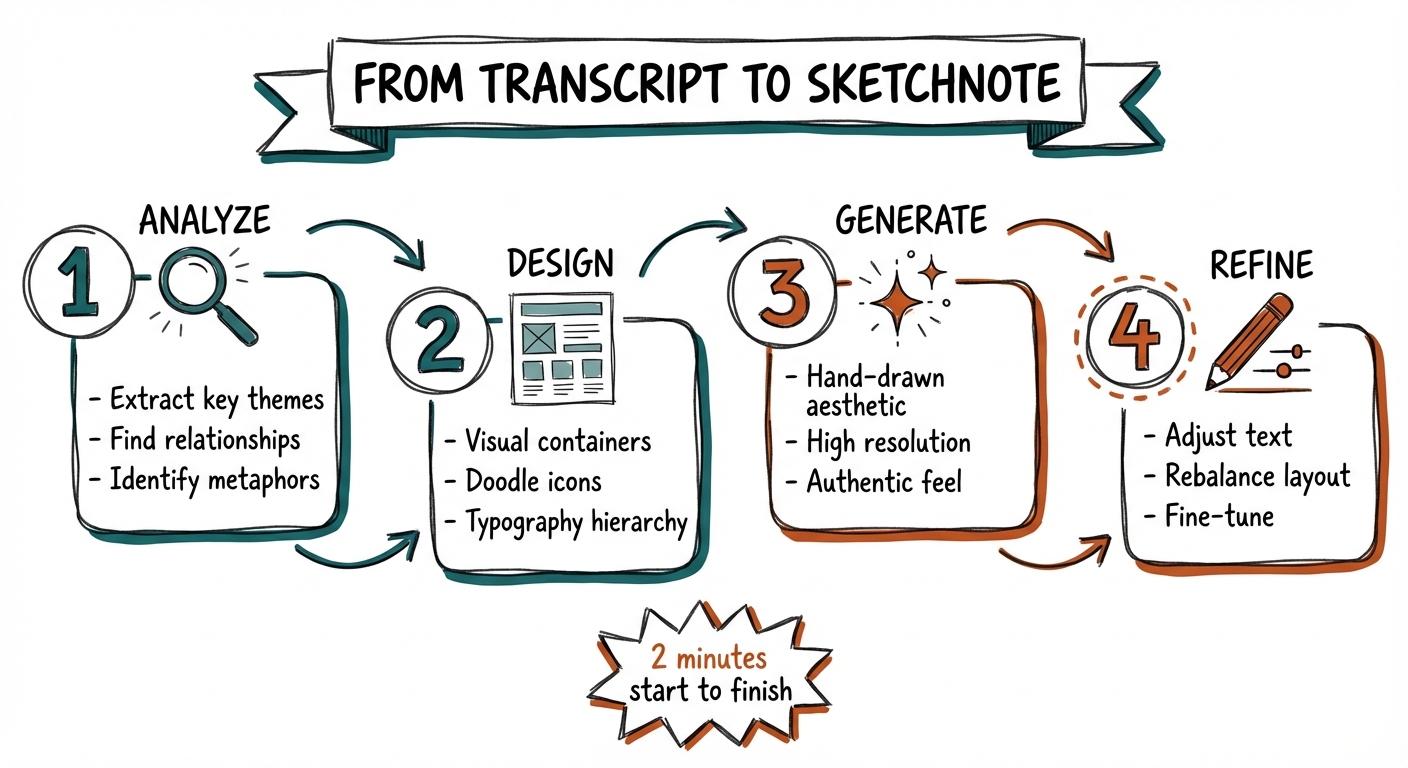 Four-step process: Analyze, Design, Generate, Refine - from transcript to sketchnote in 2 minutes