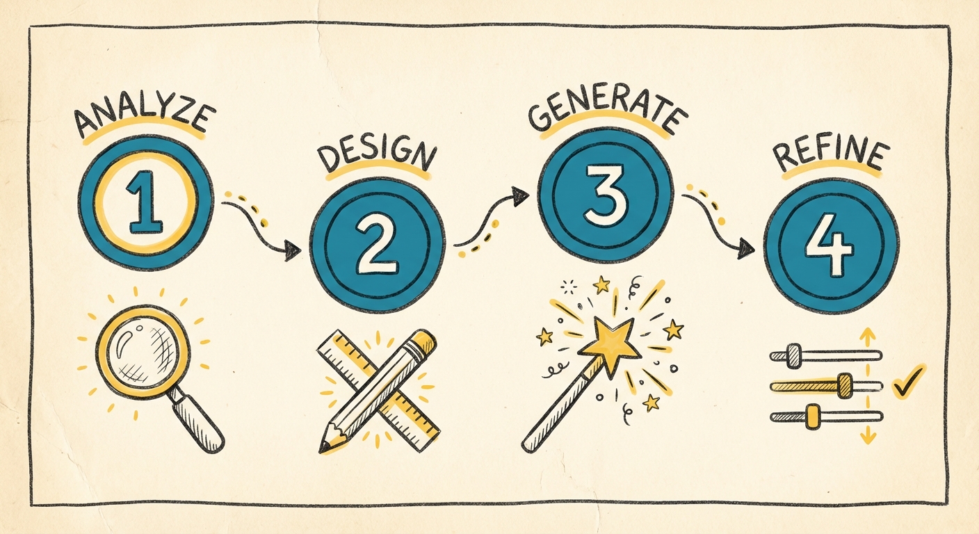Sketchnote showing the four-step process: Analyze, Design, Generate, Refine