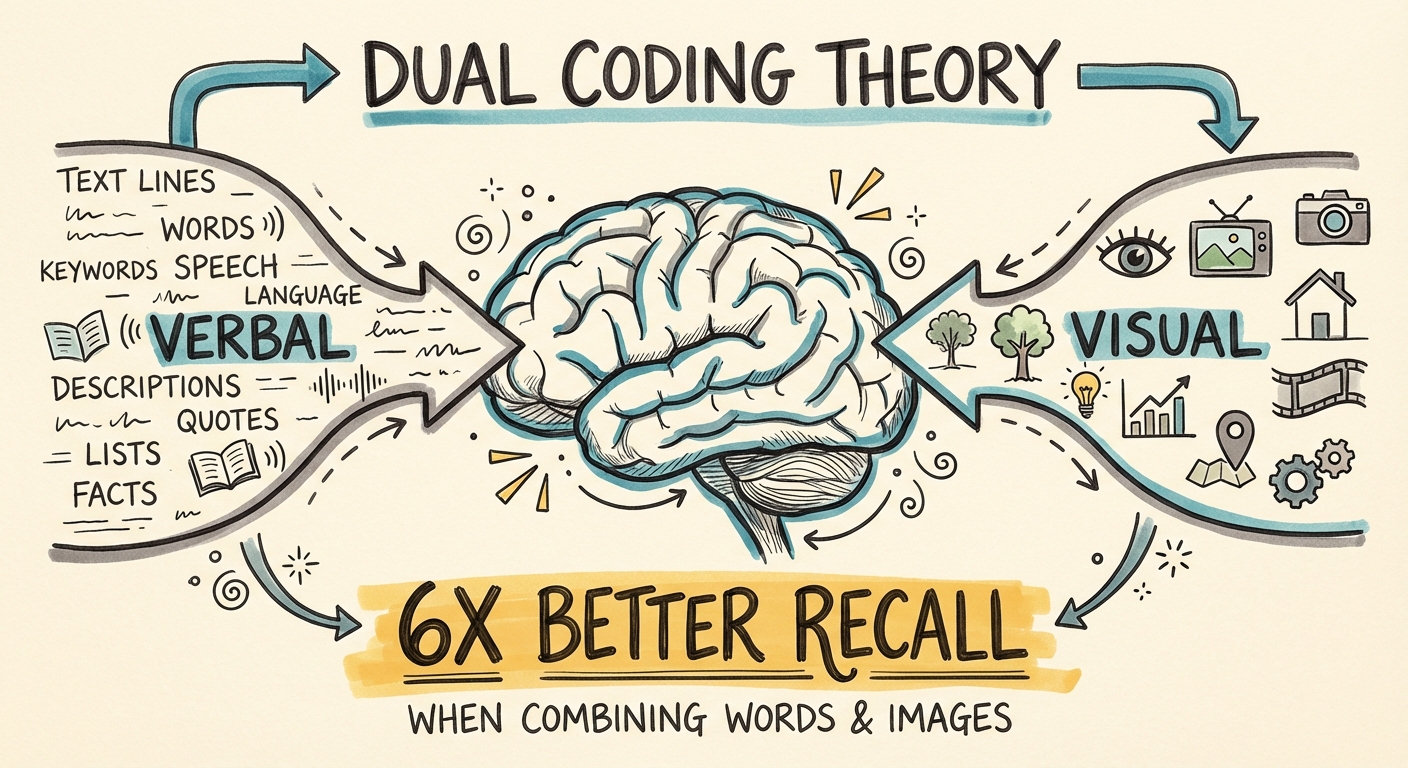 Sketchnote showing dual coding theory: verbal and visual channels creating stronger memories